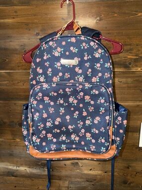 Jessica Simpson Navy Backpack with Pink Floral Print and Tan Accents